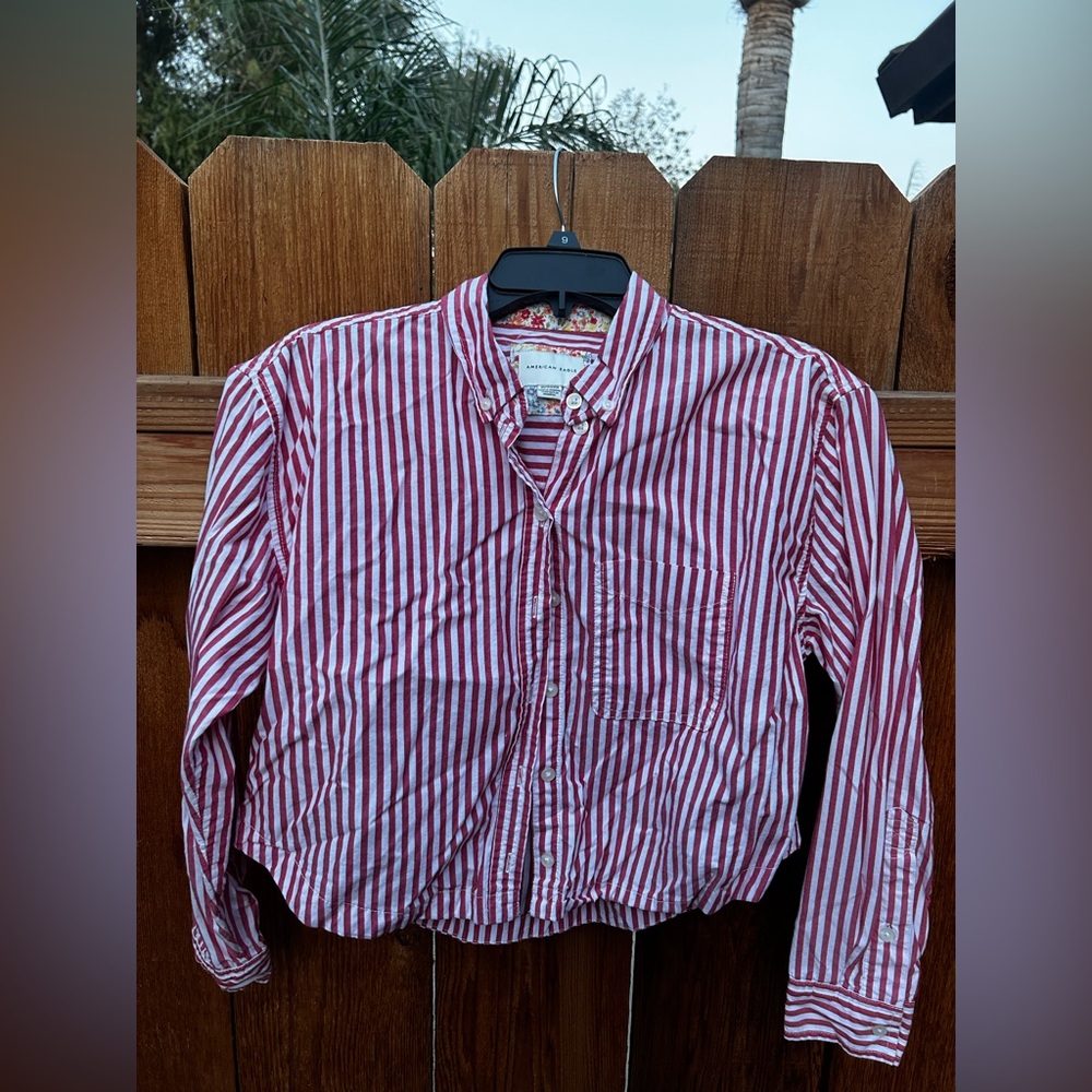 American Eagle Red and White Striped Button-Up